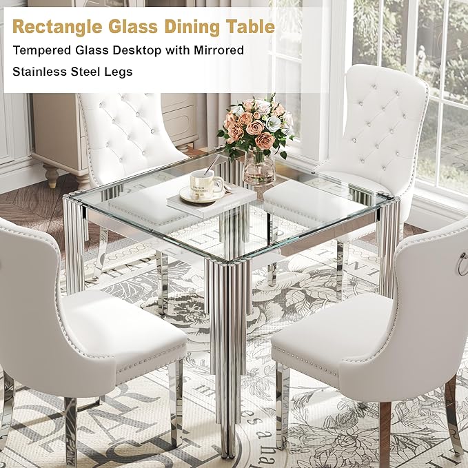 Modern Square Glass Dining Table for 4 People, Compact 37" Clear Tempered Glass Desktop with Silver Mirrored Stainless Steel Legs for Small Spaces, Perfect for Apartments