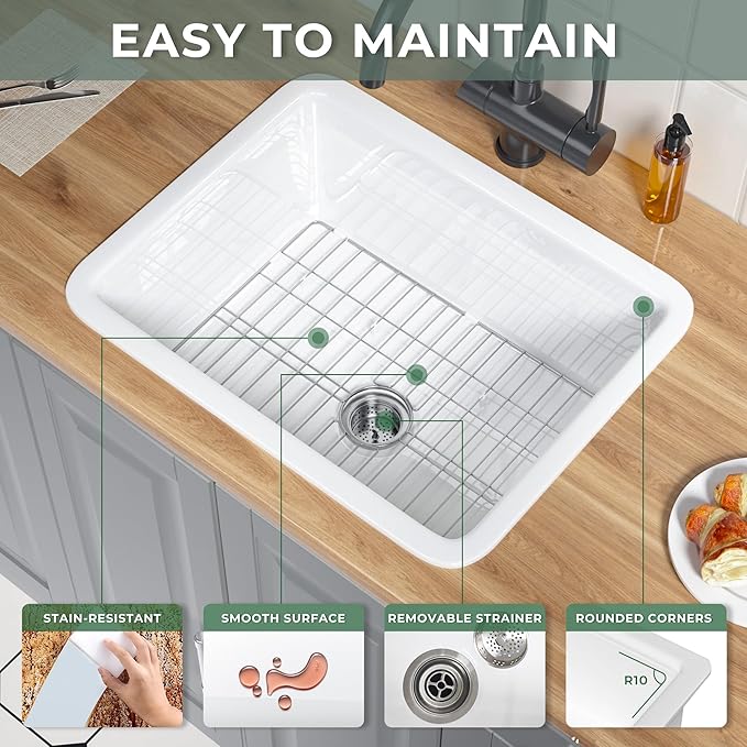 White Fireclay Undermount KItchen Sink 24 Inch, Single Bowl Small Topmount White Undermount Laundry Sink 24''x19''x11'' Drop In, Heavy Duty Deep Basin, Dual Mount, for Kitchen, Island, Laundry