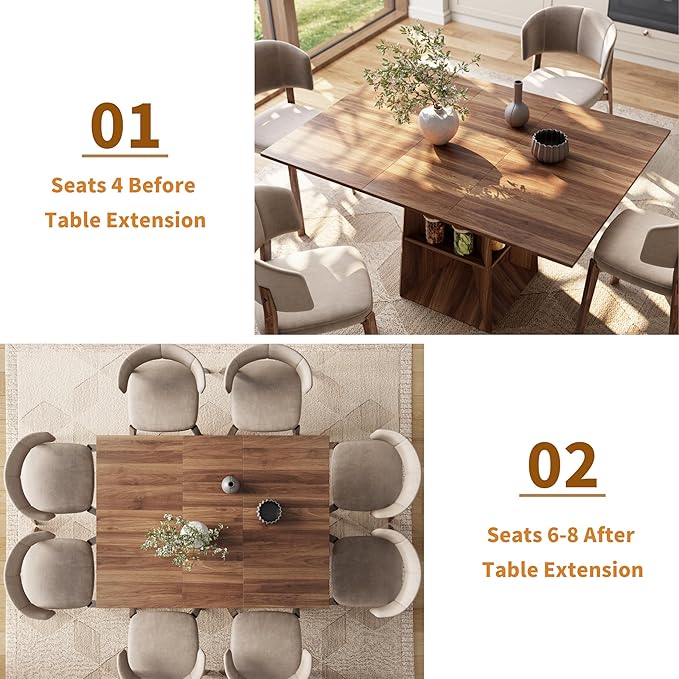 40"-54" Square Extendable Dining Table for 4/6/8, Modern Kitchen Table with Storage Shelf & Foot Support, Wood Dining Table for Living Room, Kitchen, Space Saving, Walnut