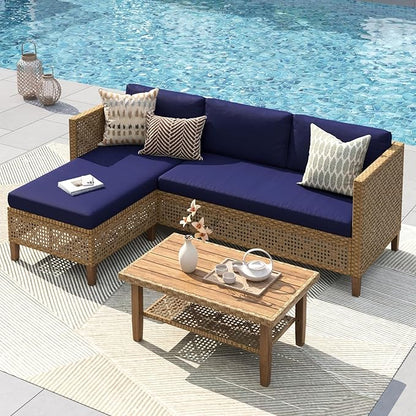 PHI VILLA Sectional Outdoor Couch, L-Shaped Wicker Patio Sofa Set, Small Rattan Patio Furniture Set with Acacia Wood Coffee Table for Deck Porch, 4 Seats, Navy Blue Cushion