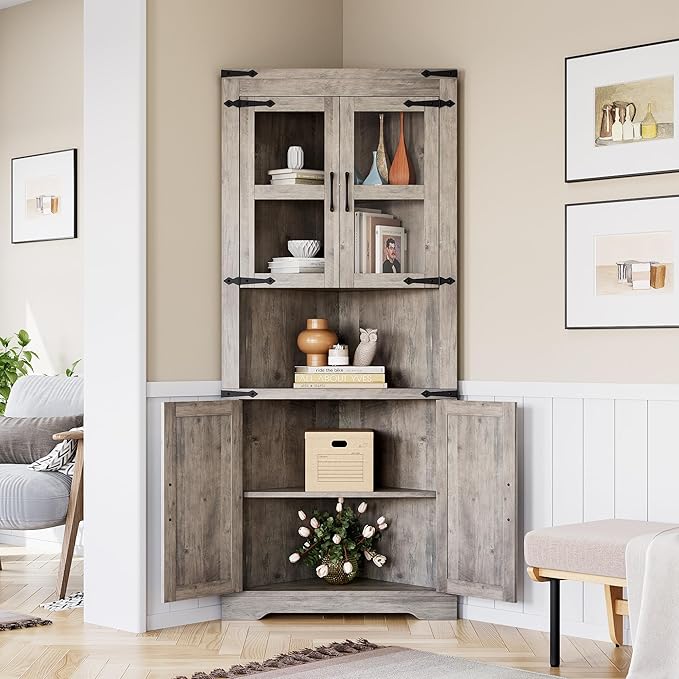 GAOMON Farmhouse Corner Cabinet, Tall Corner Storage Cabinet with Glass Door & Adjustable Shelves, Bathroom Cabinet with Storage for Living Room, Kitchen, Bathroom, Washed Grey