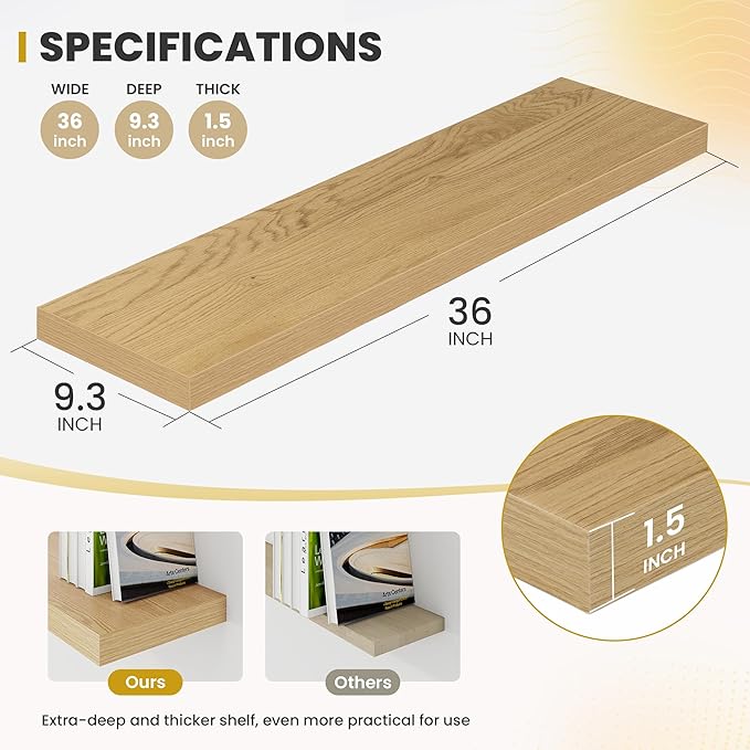 Acovy 36 Inch Floating Shelves, 9.3" Deep Floating Shelf Wall Mounted, 36" Wall Shelves, Rustic Deep Bookshelf, Large Display Shelves & Storage Shelves for Bedroom, Living Room, Oak, Set of 2
