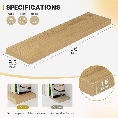 Acovy 36 Inch Floating Shelves, 9.3" Deep Floating Shelf Wall Mounted, 36" Wall Shelves, Rustic Deep Bookshelf, Large Display Shelves & Storage Shelves for Bedroom, Living Room, Oak, Set of 2