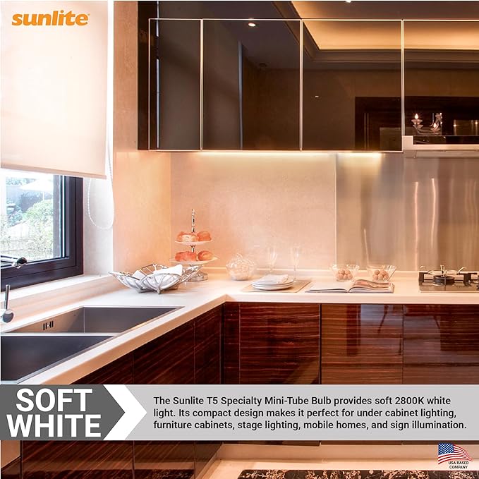 Sunlite T5 Specialty Mini-Tube Bulb, 7 Watts, 88 Lumens, 12.8V, C-2R Filament, Miniature Wedge W2.1x9.5d Base, Clear Finish, 2800K Soft White, for Under Cabinet Lighting and Signage Lighting, 10 Pack