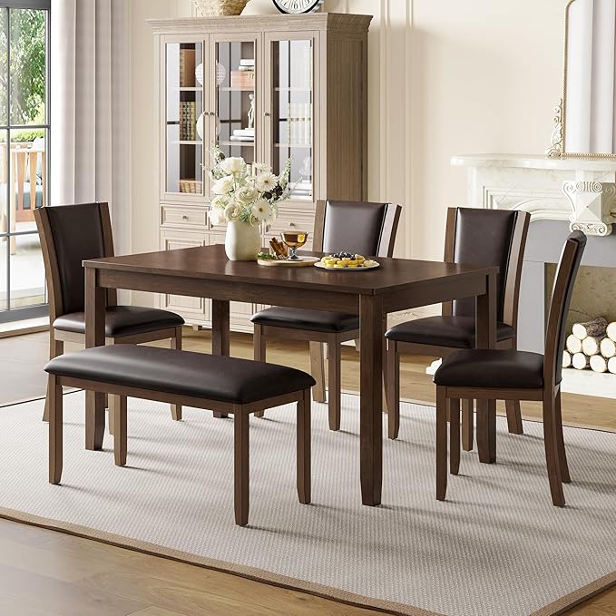 6-Piece Dining Table Set with Bench, Modern Wood Dining Table Set for 6, Kitchen and Dining Room Table and Chairs Set, Grey & White Two-Tone