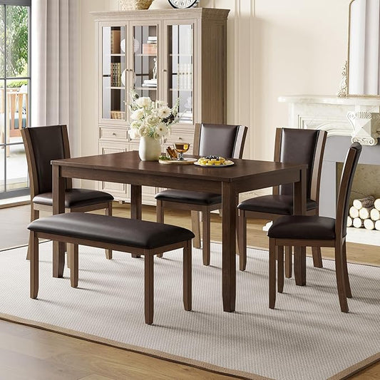 6-Piece Dining Table Set with Bench, Modern Wood Dining Table Set for 6, Kitchen and Dining Room Table and Chairs Set, Grey & White Two-Tone
