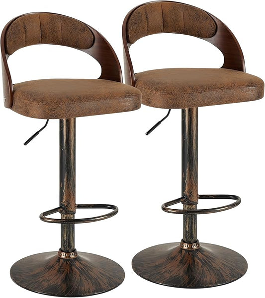 VECELO Bar Stools Set of 2,Adjustable Counter Height Stools with Bentwood Back,Armrest&Footrest,Swivel PU Leather Bar Chairs for Kitchen Island,Coffee Shop and Salon,Crescent Curve, Rustic Brown