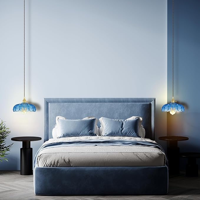 Pendant Light Fixture, Hanging Light Fixture, Glass Shade Pendant Light with Rotary Switch, Modern Lamp for Kitchen Island, Bedroom, Dining Room, Living Room (Blue Lotus, Hard-Wired)