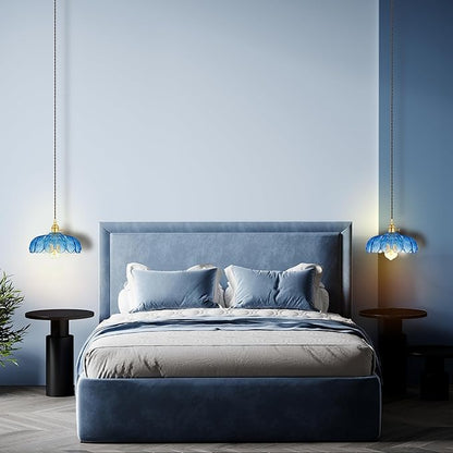 Pendant Light Fixture, Hanging Light Fixture, Glass Shade Pendant Light with Rotary Switch, Modern Lamp for Kitchen Island, Bedroom, Dining Room, Living Room (Blue Lotus, Hard-Wired)