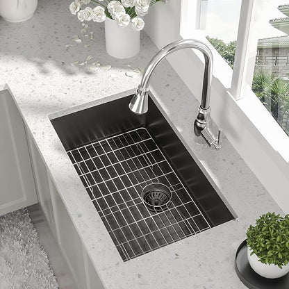 33 Inch Black Undermount Kitchen Sink - Beslend Gunmetal Black NANO-PVD Sinks Stainless Steel Under Counter Kitchen Sink 16 Gauge Single Bowl Round Corner Basin 33x19x10