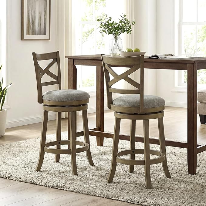 Giantex Wood Swivel Bar Stools Set of 2, 25" Upholstered Counter Height Bar Stools with X Back, Linen Cushioned Seat, Farmhouse Armless Wooden Barstools for Kitchen Island Dining Room, Grey
