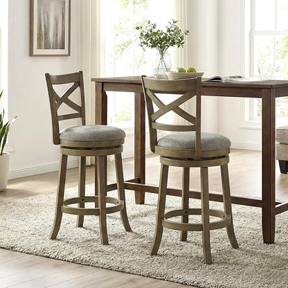 Giantex Wood Swivel Bar Stools Set of 2, 25" Upholstered Counter Height Bar Stools with X Back, Linen Cushioned Seat, Farmhouse Armless Wooden Barstools for Kitchen Island Dining Room, Grey