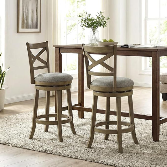 Giantex Wood Swivel Bar Stools Set of 2, 25" Upholstered Counter Height Bar Stools with X Back, Linen Cushioned Seat, Farmhouse Armless Wooden Barstools for Kitchen Island Dining Room, Grey