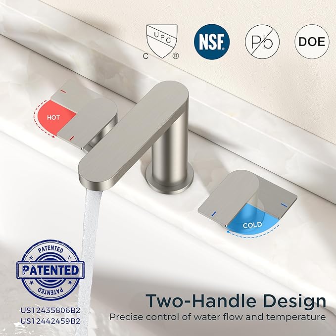 FORIOUS Brushed Nickel Bathroom Faucets 3 Hole, 8 Inch Widespread Bathroom Sink Faucet with Pop-up Drain and cUPC Supply Lines for Basin, Vanity, Laundry Room and Restroom