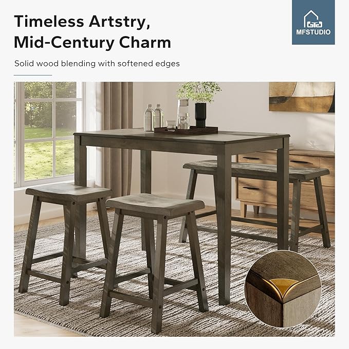 MFSTUDIO Dining Table Set for 4, Counter Height Table and Chairs, Kitchen Table Set with Bench, Breakfast Bar Table and Chairs Set Space Saving, Smoky Brown
