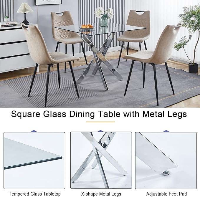 36'' Square Dining Table for 2-4, X-Shape Silver Metal Legs, Glass Tea Table Square Kitchen Table for Small Space