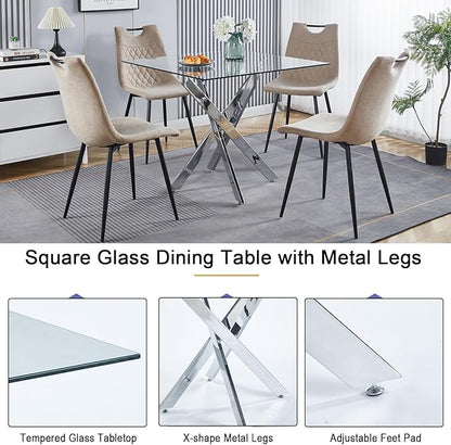 36'' Square Dining Table for 2-4, X-Shape Silver Metal Legs, Glass Tea Table Square Kitchen Table for Small Space