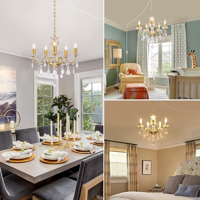 Plug in Modern 5-Light Gold Chandelier with Glass Crystals, Candle Style Pendant Light Fixtures for Living Room, Girls Room, Kitchen Island, Entryway