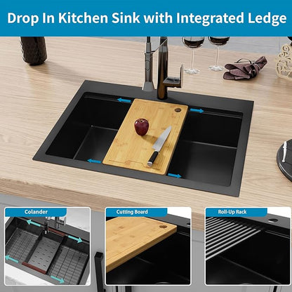 Black Drop In Kitchen Sink 33" X 22",Top Mount 16 Gauge Stainless Steel Workstation Sink,Deep & Large Single Bowl Kitchen Sinks (Black, 33" X 22")