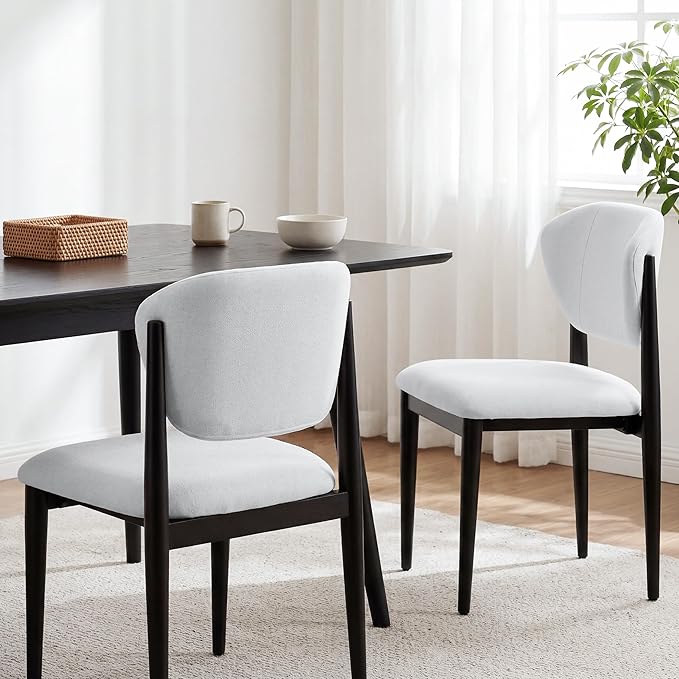 Casaphoria Dining Chairs Set of 2, Solid Black Wood Legs Upholstered Kitchen Chairs, Mid Century Modern Ergonomic Curved Back Accent Chair for Dining Room, Home Office and Vanity, White