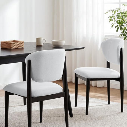 Casaphoria Dining Chairs Set of 2, Solid Black Wood Legs Upholstered Kitchen Chairs, Mid Century Modern Ergonomic Curved Back Accent Chair for Dining Room, Home Office and Vanity, White