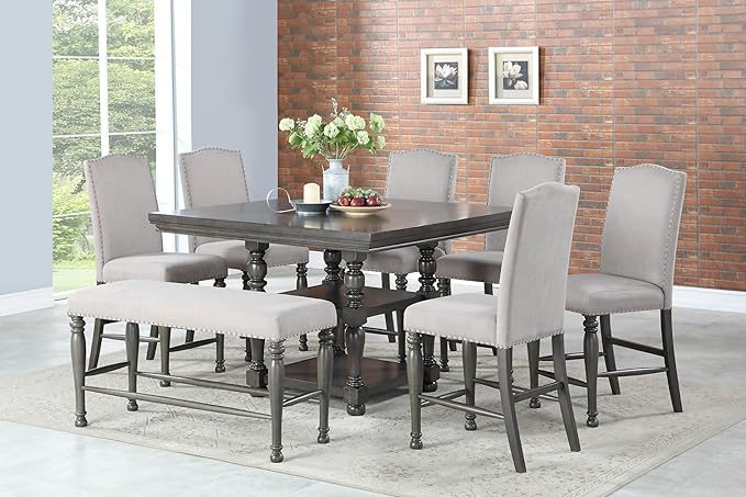 Steve Silver Co Caswell Counter Chair, Set of 2 Chairs, Nailhead Trim, Contemporary Design, Shield Back, Dining Room, Ktichen, Bar, Counter Island, Rubberwood, 100% Polyester, 20"D x 24"W x 45"H, Gray