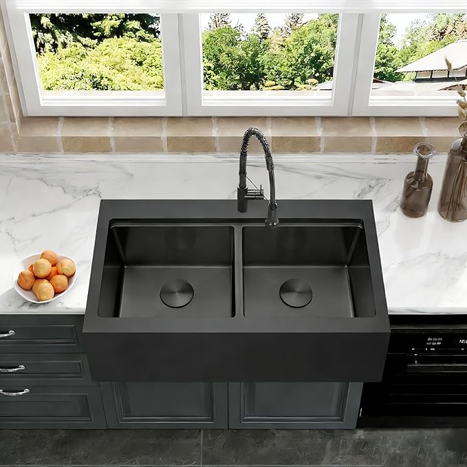 Black Farmhouse Kitchen Sink 33 x 22 Drop In, 50/50 Double Bowl Farm Sinks, 16 Gauge Stainless Steel Workstation Sink with Ledge & Accessories, 33" x 22" x 10" Large and Deep Double Sinks