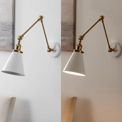 JONATHAN Y 7" White/Brass Gold Classic Industrial Metal Adjustable Arm LED Wall Sconce for Bedside Reading, Farmhouse Swing Arm Wall Lamp with Metal Shade, Hardwired (JYL7462B-SET2)