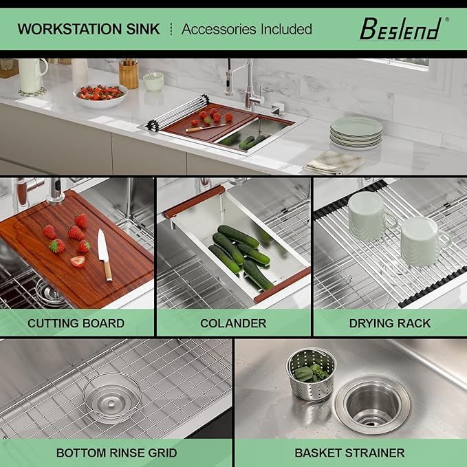 25 Drop In Kitchen Sink - Beslend 25x22 Inch Stainless Steel Sinks Ledge Workstation 16 Gauge Top Mount Handmade Single Bowl Kitchen Sink with Accessories