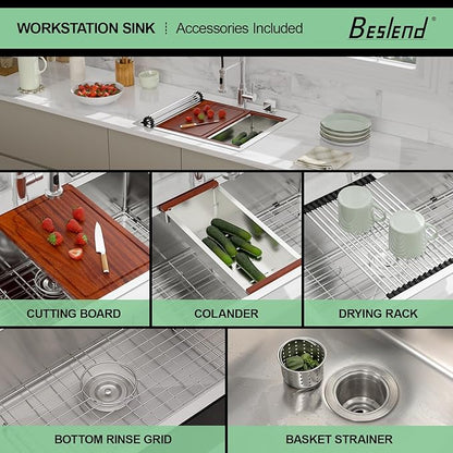25 Drop In Kitchen Sink - Beslend 25x22 Inch Stainless Steel Sinks Ledge Workstation 16 Gauge Top Mount Handmade Single Bowl Kitchen Sink with Accessories