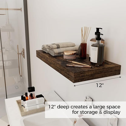 12 Inch Deep Floating Shelves, 24 x 12 Floating Shelf for Books, Rustic Wood Deep Wall Shelves for Home Storage & Display, 2" Thicked Shelves for Kitchen, Living Room, Bedroom, Rustic Brown, 1 Pack
