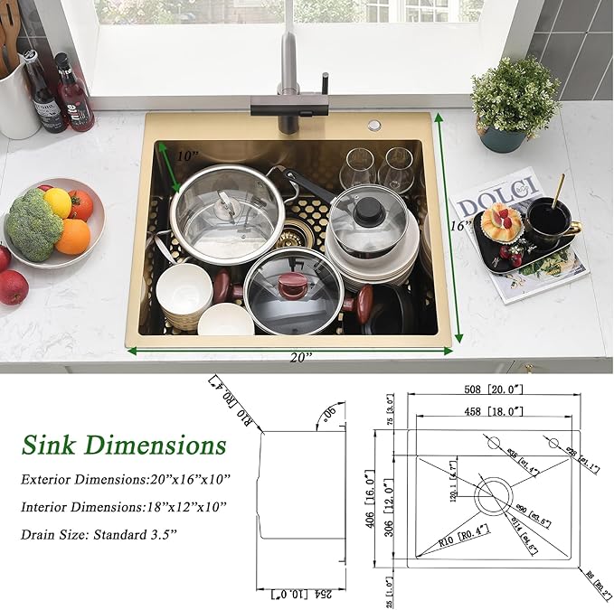 20 Inch Gold Drop In Kitchen Sink-Brovy 20x16 Gold Kitchen Sink Drop In with Faucet Combo Small Outdoor Rv 18 Gauge Stainless Steel Top Mount Single Bowl Wet Bar Sinks with Mat&Drainer
