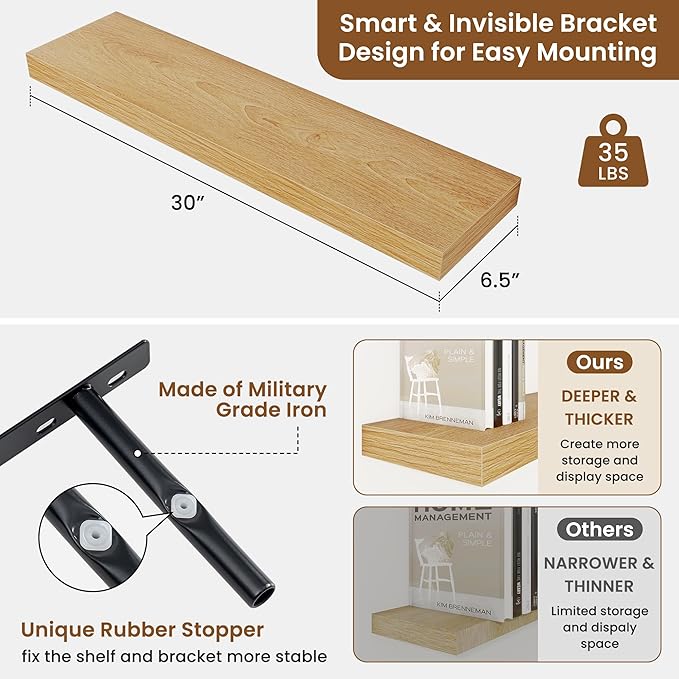 fuqing Floating Shelves for Wall, Wall Mounted Wood Floating Shelf with Invisible Brackets for Living Room, Bathroom, Bedroom, Kitchen Storage and Decor, 30 Inch Set of 2, Oak