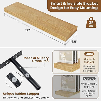 fuqing Floating Shelves for Wall, Wall Mounted Wood Floating Shelf with Invisible Brackets for Living Room, Bathroom, Bedroom, Kitchen Storage and Decor, 30 Inch Set of 2, Oak