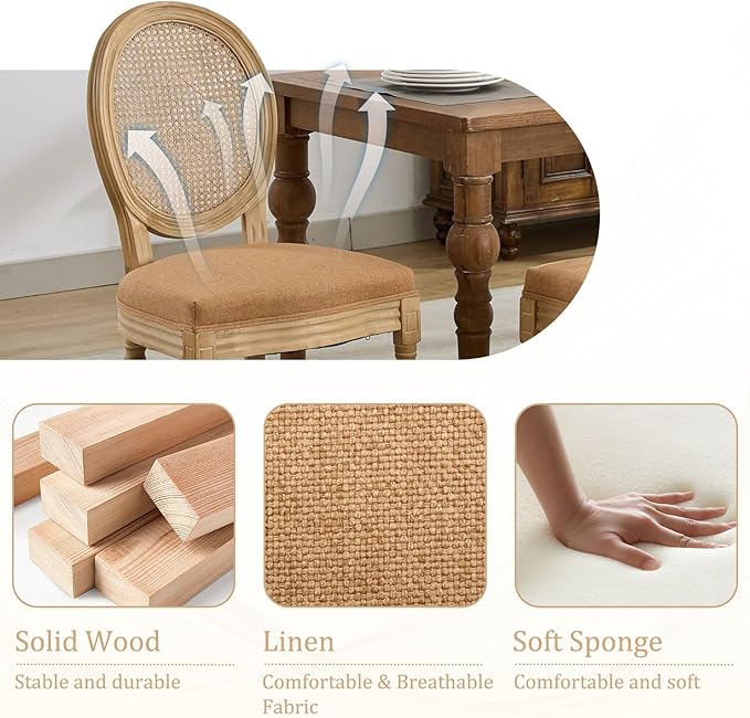 Linen Wooden Dining Chair Set of 6, Upholstered Farmhouse Dining Chair with Solid Wood Frame, Kitchen & Dining Room Chairs for Living Room, Restaurant, Bedroom (Tan-Rattan, Set of 6)