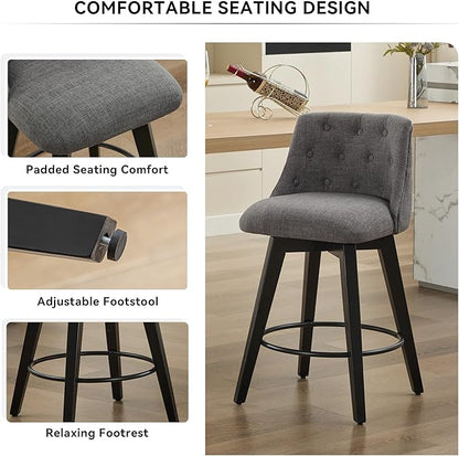 25" Swivel Bar Stools Set of 2-Modern Counter Height Chairs with Linen Upholstery&Button Tufted Back, Solid Wood Frame Barstools for Kitchen Island