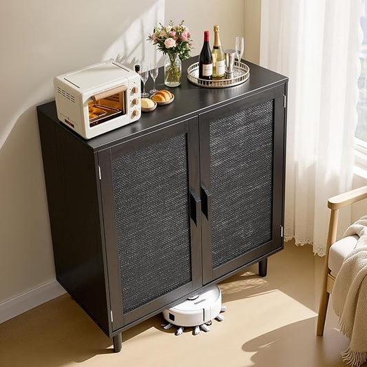 VEVOR Rattan Cabinet, Rattan Buffet Cabinet with 2 Magnetic Doors and Adjustable Shelves, Accent Sideboard Buffet with Wooden Legs & Power Cord Hole for Hallway, Entryway, Kitchen, Black
