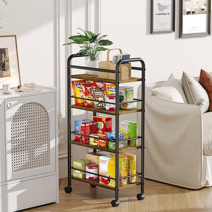 Asgolion Slim Storage Cart, 4-Tier Small Rolling Cart with Wheels, 9.1" Deep, Narrow Bathroom Shelf Trolley for Kitchen, Bathroom, Laundry Room, Rustic Brown Large 4-Tier (9.1" W x 33.6" H)
