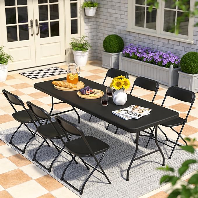 6ft Folding Table, Heavy Duty Plastic Card Table with Foldable Steel Legs, Metal Frame Support up to 600 lb, Portable for Indoor, Outdoor, Picnic, Camping, Dining, Party, Black