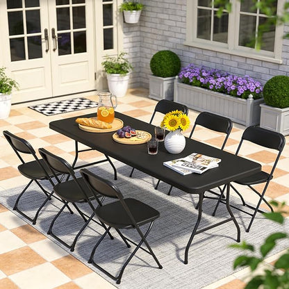 6ft Folding Table, Heavy Duty Plastic Card Table with Foldable Steel Legs, Metal Frame Support up to 600 lb, Portable for Indoor, Outdoor, Picnic, Camping, Dining, Party, Black