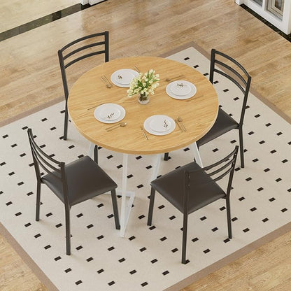 VECELO Round Dining Table Set for 4, Wood Tabletop & Heavy-Duty Steel Frame, 8-Piece Dinette with Chairs for Kitchen, Breakfast Nook, Natural & White