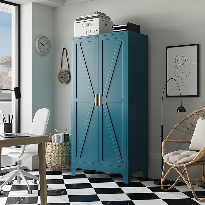 Bevivog 61" Farmhouse Metal Storage Cabinet with 2 Doors and 3 Adjustable Shelves, Tall Bathroom Cabinet Freestanding, Blue Metal Pantry Cabinets for Kitchen, Living Room, Home Office
