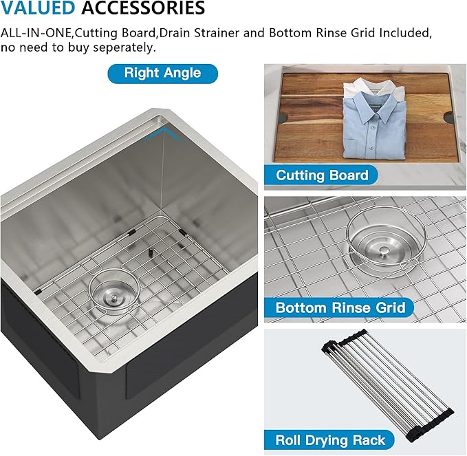 21"x18" Undermount Laundry Utility Sink Workstation – 16 Gauge T304 Stainless Steel, 12 Inch Deep Single Bowl Under Counter Basin for Laundry Room, RV or Utility Use