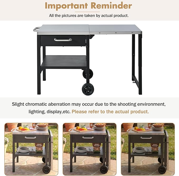 JIJIWANG 54.7" Outdoor Kitchen Island with Stainless Steel Top and Foldable Table, Kitchen Island with Drawer and Shelf, BBQ Cart with Wheels for Backyard Patio Black