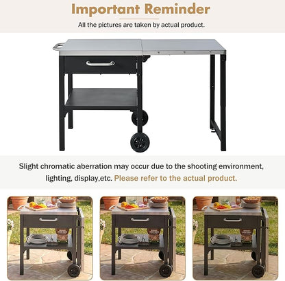 JIJIWANG 54.7" Outdoor Kitchen Island with Stainless Steel Top and Foldable Table, Kitchen Island with Drawer and Shelf, BBQ Cart with Wheels for Backyard Patio Black