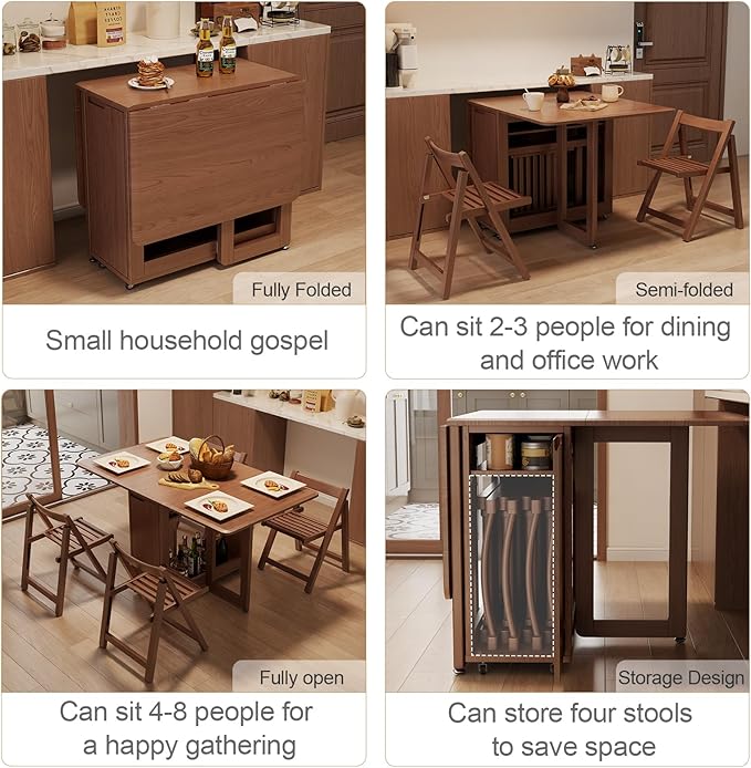 Solid Wood Folding Dining Table Extendable Dining Room Table 4 chairs, Wooden Dining Desk with Storage Wheel,Mid Century Modern Kitchen Table,Drop Leaf Table for Apartment,Living room,Walnut