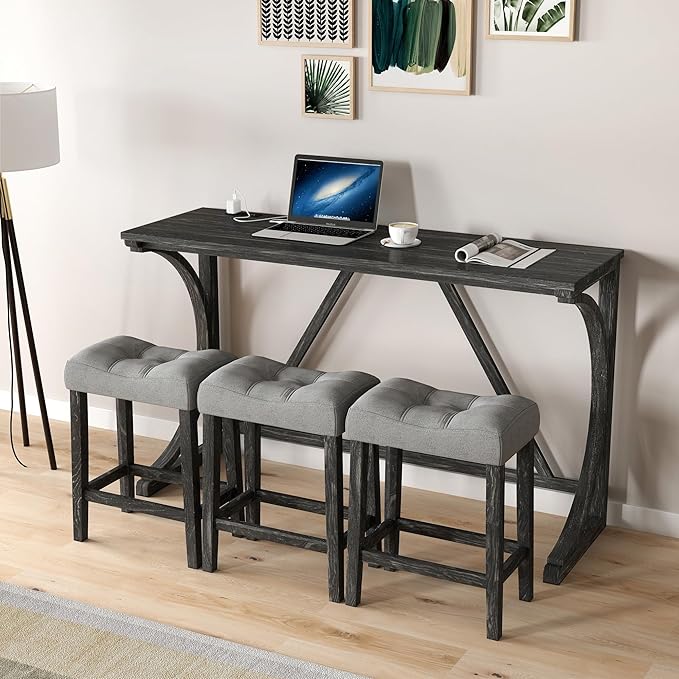 HABITRIO Bar Table and Chairs Set, 4 Piece Kitchen Table Set with Power Outlet, High Top Table with 3 Fabric stools for Small Space, Dining Room, Black