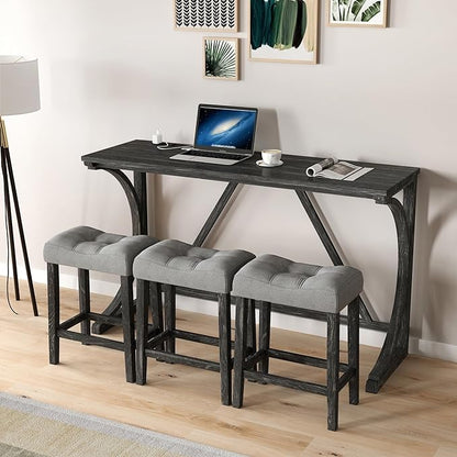 HABITRIO Bar Table and Chairs Set, 4 Piece Kitchen Table Set with Power Outlet, High Top Table with 3 Fabric stools for Small Space, Dining Room, Black
