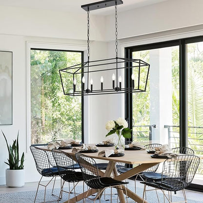 Lantern Island Light 7-Light Black Chandelier Dining Room Light Fixtures Over Table Rectangle Kitchen Island Chandeliers Modern Hanging Light Fixture