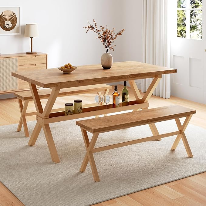 HIPIHOM 63" Dining Table Set with 2 Dining Benches for 4, Scratch Resistance MDF Kitchen Table with Sturdy Metal Legs, Small Dining Table Sets for 4 for Family Gatherings
